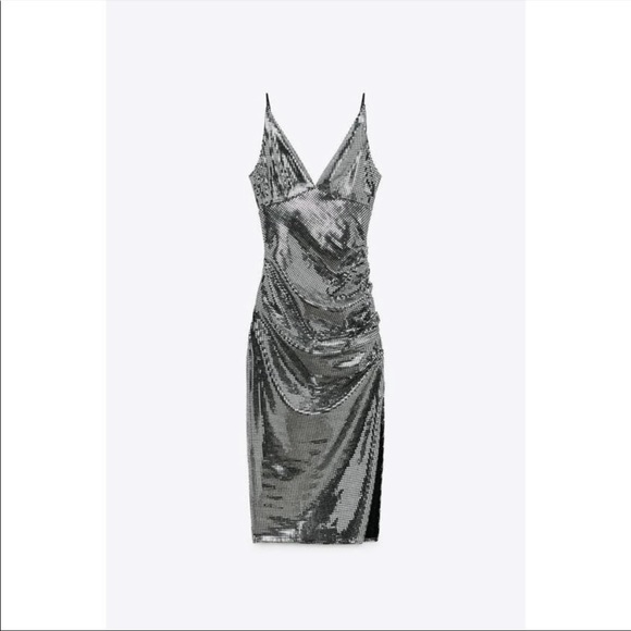 ZARA SIZE XS SILVER & BLACK SHIMMER MIDI DRESS - SOLD OUT EVERYWHERE! - Picture 3 of 5